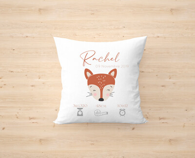 Coussin personnalisé de naissance  |  tête de renard