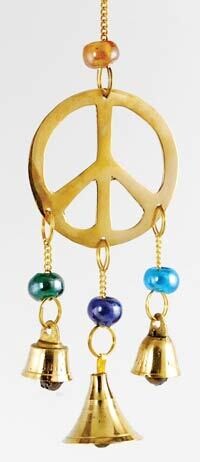 Image of a Golden Peace Wind Chime featuring a golden peace sign, adorned with colorful gemstones and three hanging bells. The chime is designed to create a soothing sound and a calming ambiance, making it ideal for zen spaces or as a thoughtful gift. 
