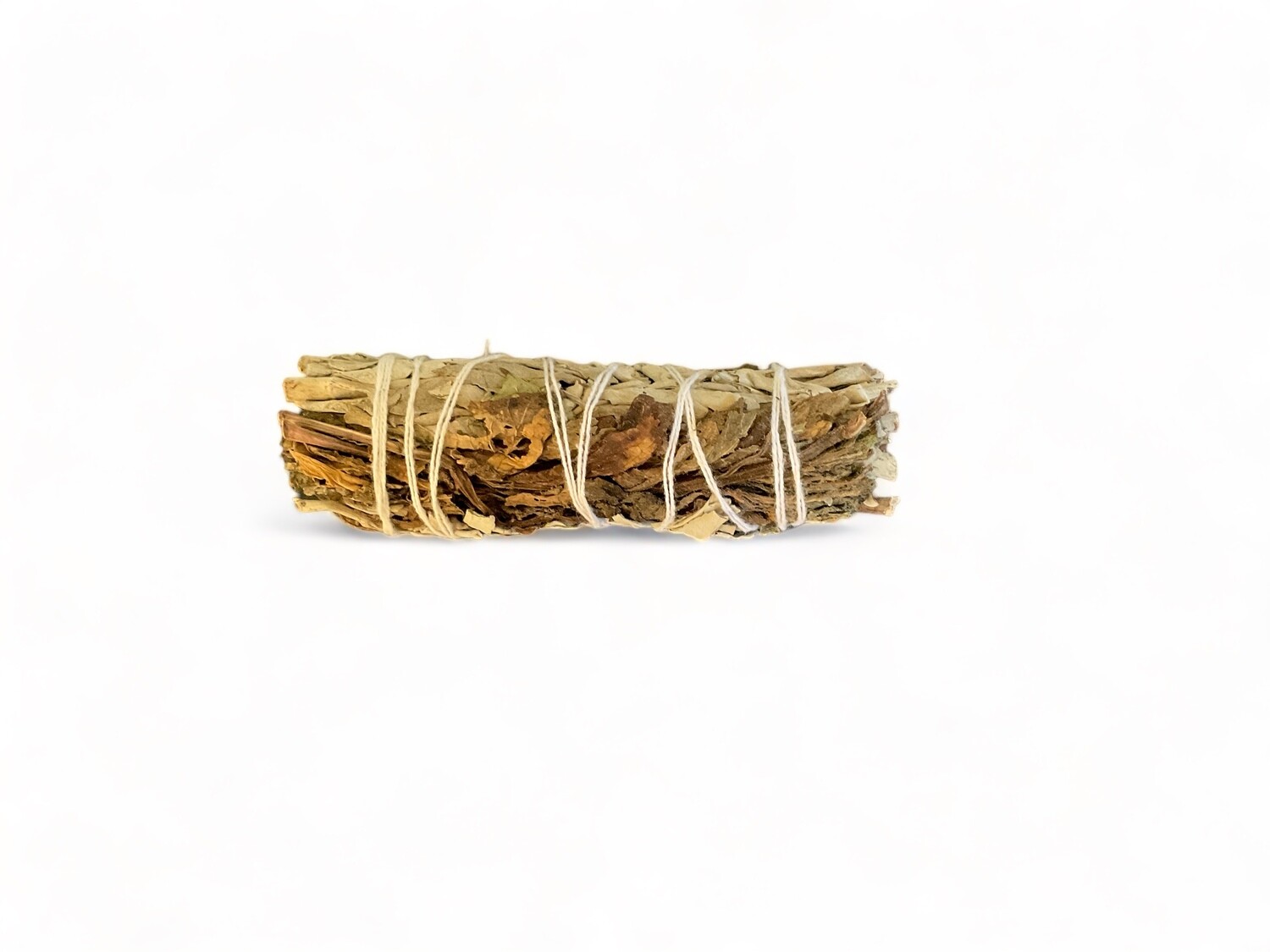 Image of a Peppermint and White Sage Bundle. The bundle consists of dried white sage wrapped with peppermint leaves. Tightly bound together with a thin string or natural fiber. This bundle is used for enhancing prosperity, focus, and personal growth, making it suitable for spiritual rituals. 