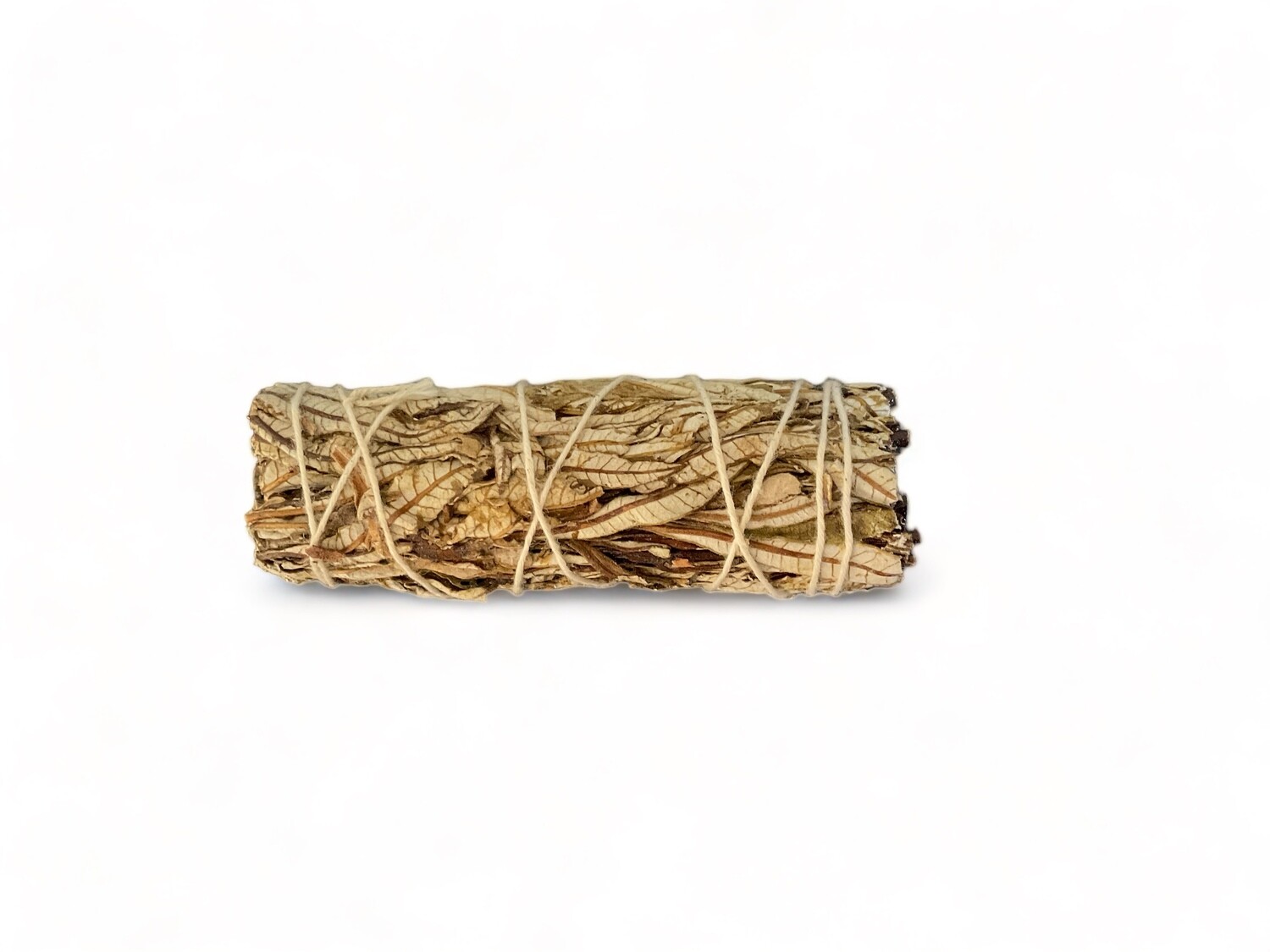 Image of a three inch Yerba Santa bundle, also known as Holy Herb. The bundle is tightly wrapped with twine and features aromatic, resinous leaves. It is designed for use in spiritual practices, where its smoke is believed to aid in healing, protection, and creating a sacred space. The bundle has a rich, earthy appearance and is ideal for purification rituals.