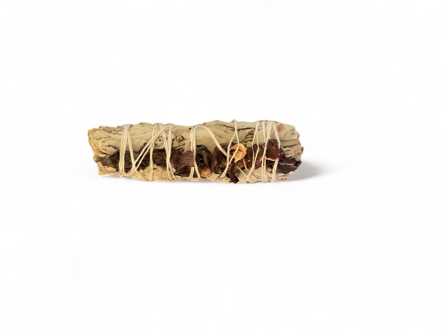 Image of a Hibiscus Sage Bundle. A  four inch bundle of sage mixed with hibiscus flowers, bound together with natural twine. This blend is used for purification, enhancing love, passion, and freedom in spiritual practices. It features a fragrant aroma ideal for rituals and ceremonies.