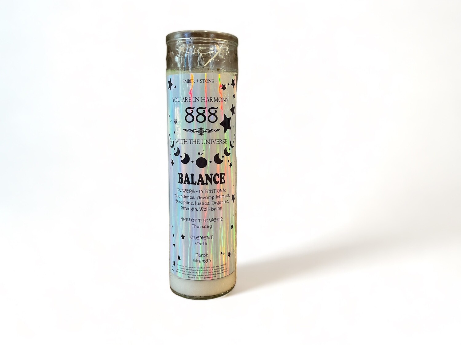 Image of a glass jar candle labeled &#39;Angel Number 888&#39;, emitting a calming glow. This intention candle is designed to restore balance and harmony, bringing peaceful and grounding energies to your surroundings.