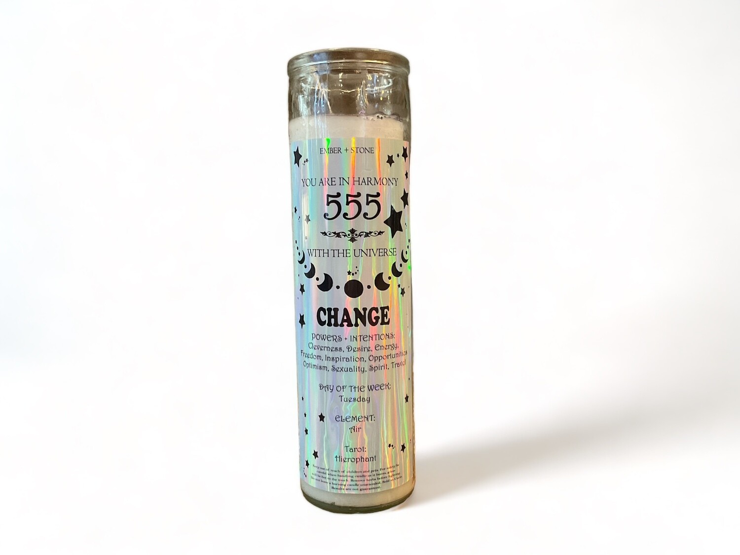 Photograph of a glass jar candle labeled &#39;Angel Number 555&#39;, casting a gentle glow. This intention candle promotes change and transformation, fostering clarity and purpose for embracing new beginnings.