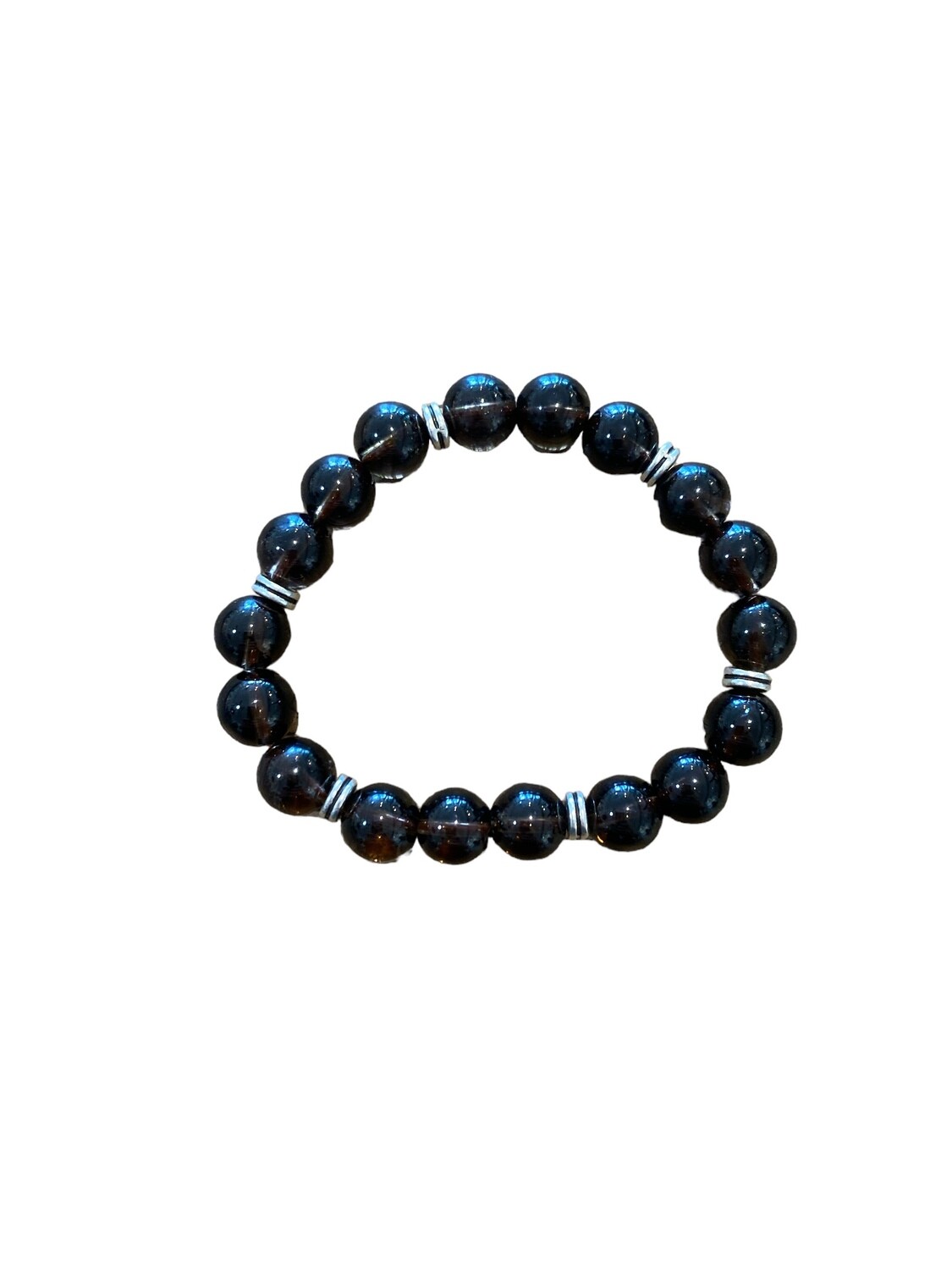 Image of a 10mm Smoky Quartz energy bracelet with sleek, polished crystals. Designed for grounding, protection, and stress relief, enhancing clarity and focus.