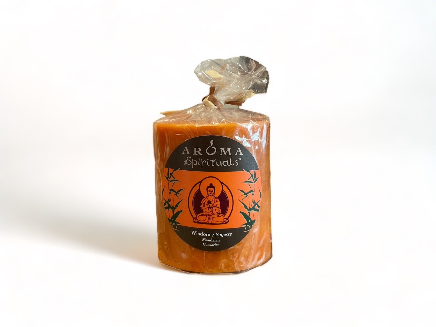 Image of the Spiritual Candle for Wisdom from Aroma Spirituals 3x3.5, scented with Mandarin fragrance to inspire clarity and insight. Crafted from food-grade ingredients and vegetable waxes, featuring a lead-free wick and offering up to 60 hours of burn time.