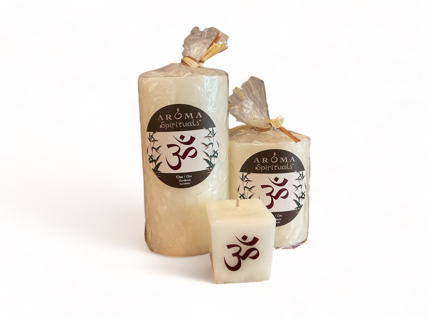 Image of the Aroma Spirituals 3x3.5 Candle Om, offering tranquility with Gardenia fragrance. Crafted from food-grade ingredients and vegetable waxes, this pillar candle includes a lead-free wick and provides up to 60 hours of burn time.