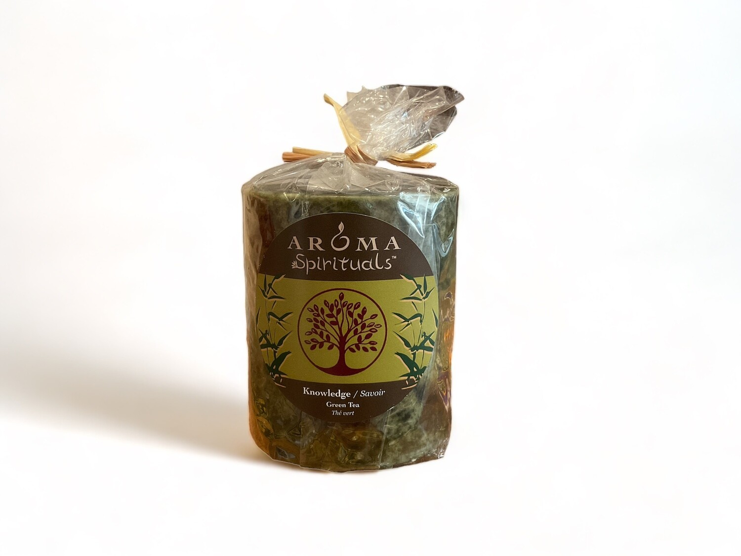 Image of the Aroma Spirituals 3x3.5 Candle inspiring knowledge with Green Tea fragrance. Made from food-grade ingredients and vegetable waxes, equipped with a lead-free wick for a long-lasting burn time of 60 hours.