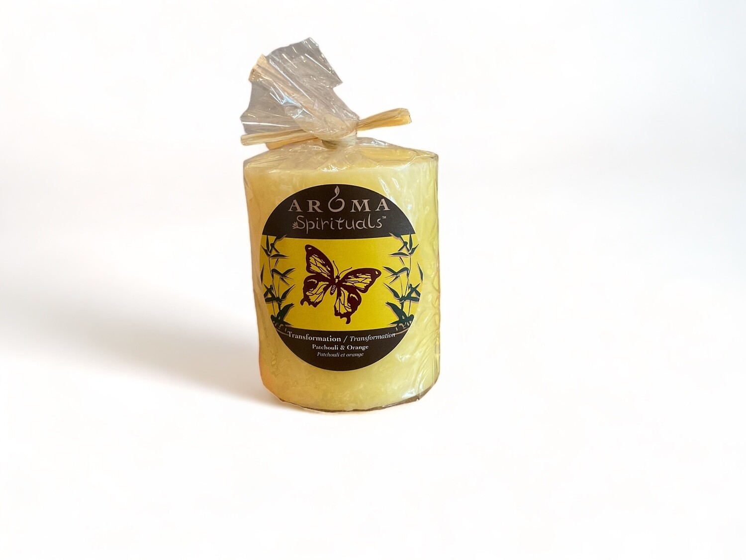Image of the Candle for Transformation from Aroma Spirituals 3x3.5, infused with Patchouli &amp; Orange fragrance for a transformative experience. Crafted from food-grade ingredients and vegetable waxes, featuring a lead-free wick and offering up to 60 hours of burn time.