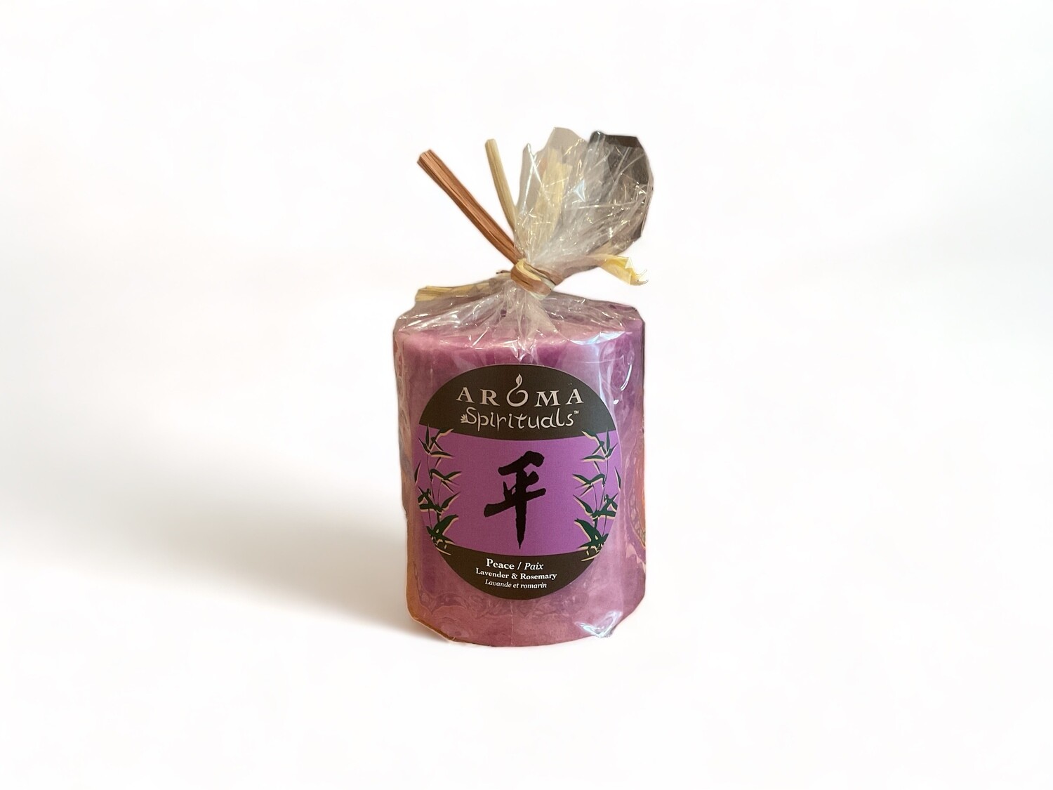 Image of the Peace Pillar Candle featuring Lavender &amp; Rosemary fragrance, promoting relaxation and peace. Crafted from food-grade ingredients and vegetable waxes, with a lead-free wick ensuring up to 60 hours of burn time.