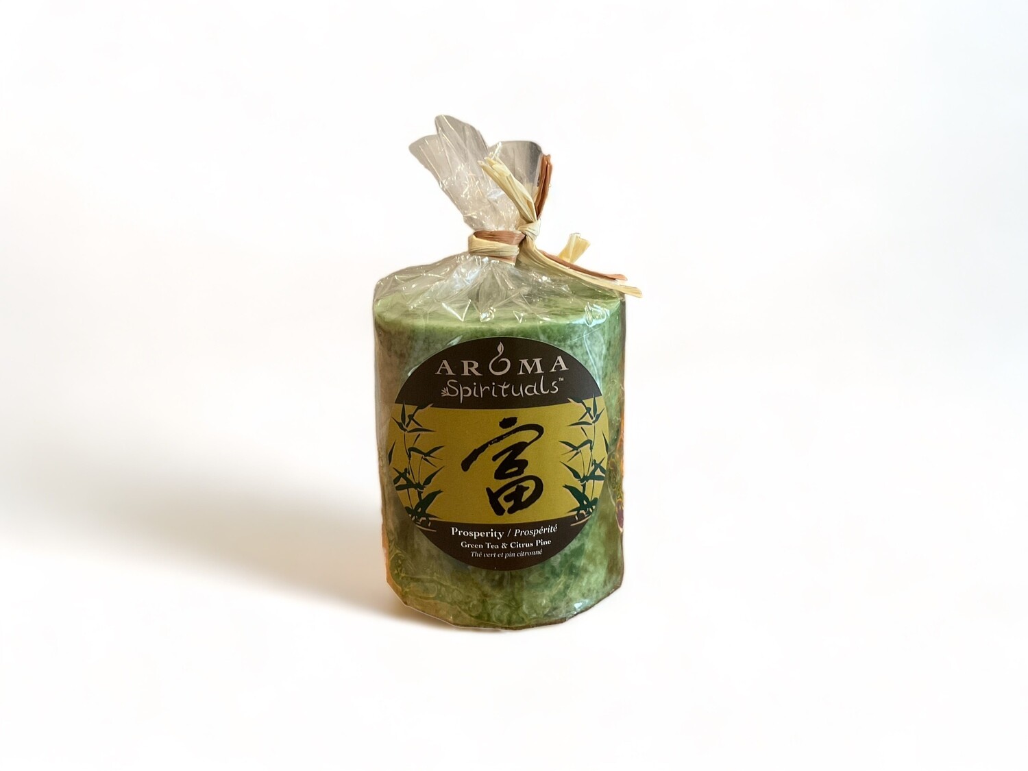 Image of the Prosperity Candle from Aroma Spirituals 3x3.5, infused with Green Tea &amp; Citrus Pine fragrance for an invigorating atmosphere. Crafted from food-grade ingredients and vegetable waxes, featuring a lead-free wick and offering up to 60 hours of burn time.