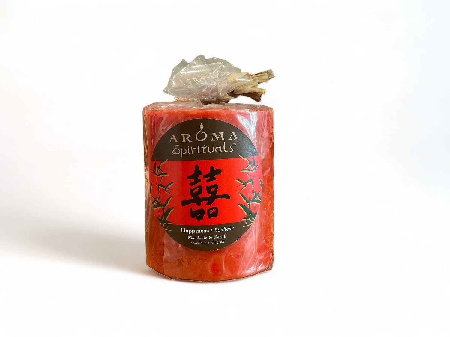 Image of the Aroma Spirituals 3x3.5 Candle exuding happiness with Mandarin &amp; Neroli fragrance. Made from food-grade ingredients and vegetable waxes, boasting a lead-free wick and an extended burn time of 60 hours.