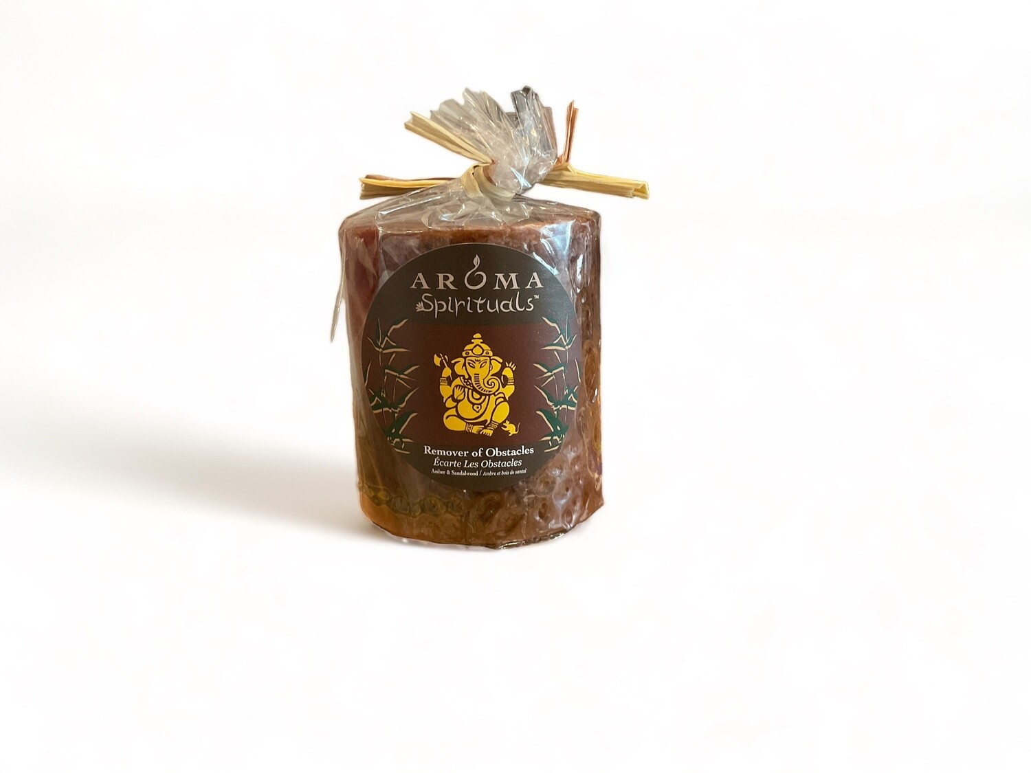Image of the Remover of Obstacles Candle from Aroma Spirituals, featuring Amber &amp; Sandalwood fragrance for a grounding atmosphere. Crafted from food-grade ingredients and vegetable waxes, with a lead-free wick providing up to 60 hours of burn time.