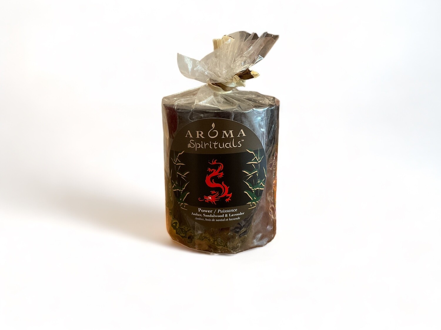 Image of the Power Candle from Aroma Spirituals 3x3.5, enriched with Amber, Sandalwood &amp; Lavender for a calming atmosphere. Crafted from food-grade ingredients and vegetable waxes, featuring a lead-free wick and offering up to 60 hours of burn time.