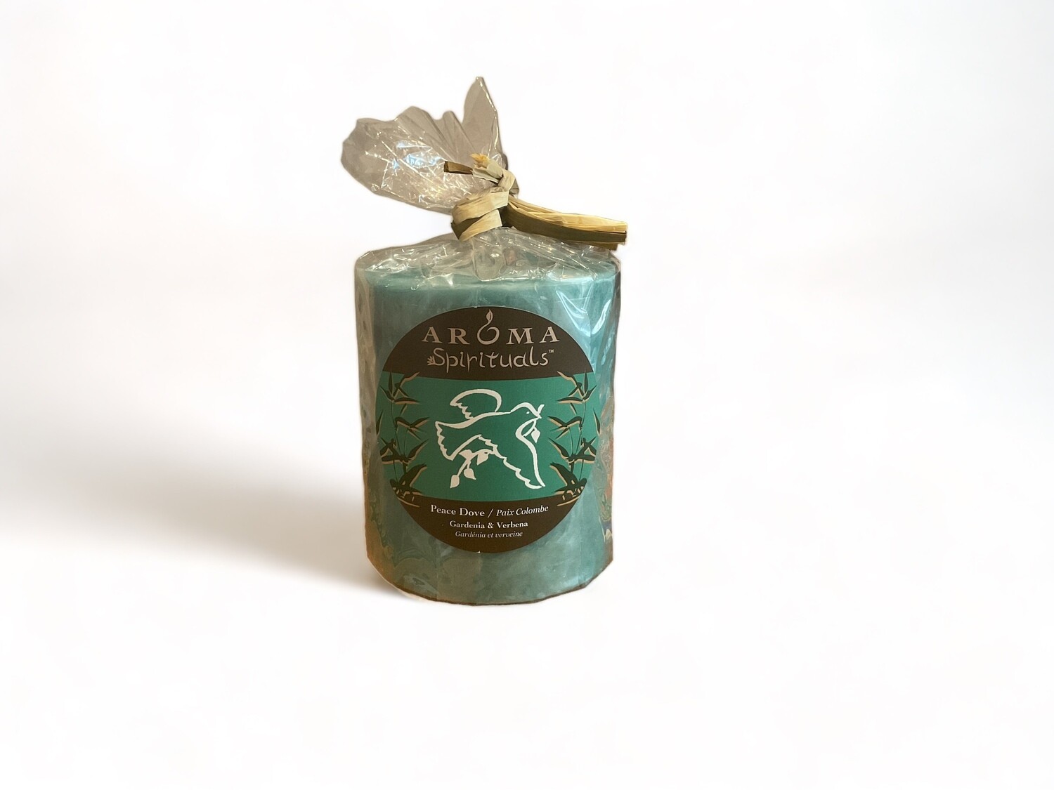 Image of the Peace Dove Candle from Aroma Spirituals 3x3.5, infused with Gardenia &amp; Verbena fragrance for a soothing ambiance. Crafted from food-grade ingredients and vegetable waxes, featuring a lead-free wick that burns up to 60 hours.