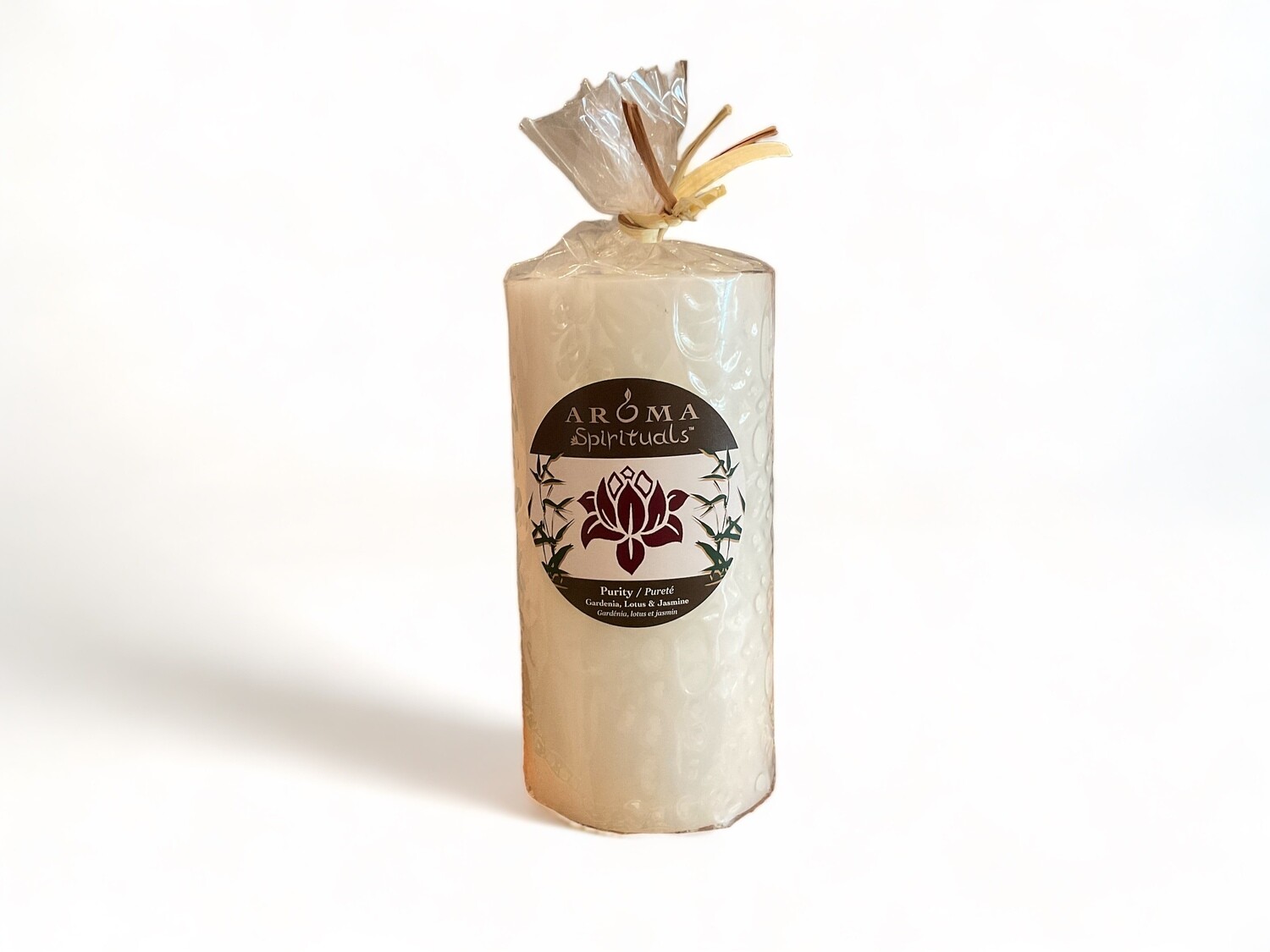 Image of the Purity Candle 3x6, featuring Gardenia, Lotus &amp; Jasmine fragrance for a serene and floral ambiance. Crafted from food-grade ingredients and vegetable waxes, with a lead-free wick providing up to 100 hours of burn time.