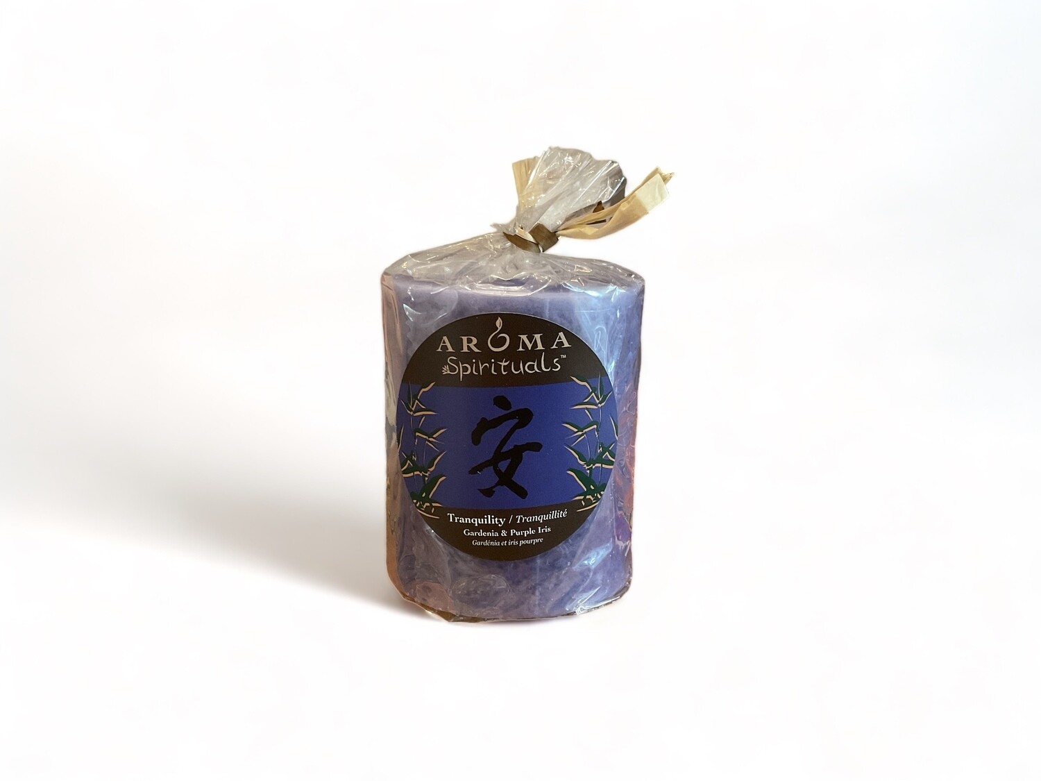 Image of the Tranquility Candle from Aroma Spirituals 3x3.5, scented with Gardenia &amp; Purple Iris for a serene ambiance. Made from food-grade ingredients and vegetable waxes, featuring a lead-free wick that offers up to 60 hours of burn time.