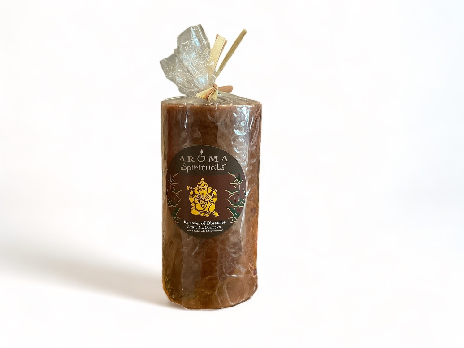 Image of the Remover of Obstacles Candle, featuring Amber &amp; Sandalwood fragrance in a 3”x6” size. Crafted from food-grade ingredients and vegetable waxes, with a lead-free wick ensuring a long burn time of 100 hours.