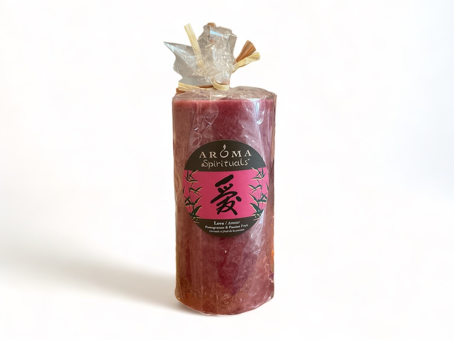 Image of the Love Candle 3x6 from Aroma Spirituals, featuring a delightful Pomegranate &amp; Passion Fruit fragrance for a romantic atmosphere. Crafted from food-grade ingredients and vegetable waxes, with a lead-free wick ensuring up to 100 hours of burn time.
