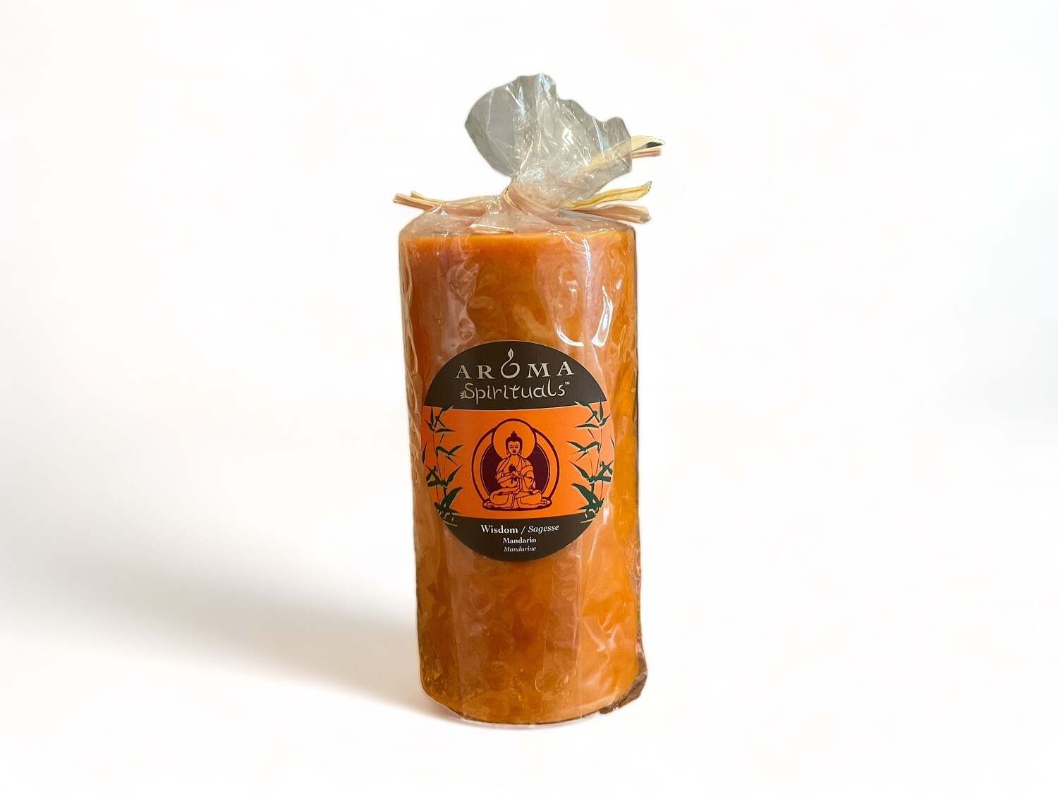 Image of the Wisdom Candle 3x6, scented with Mandarin for a serene and enlightening ambiance. Crafted from food-grade ingredients and vegetable waxes, featuring a lead-free wick and offering up to 100 hours of burn time.