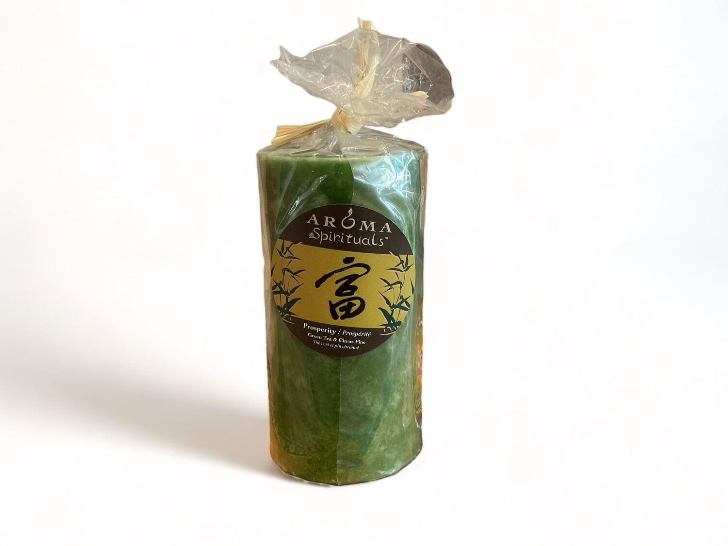 Image of the Prosperity Candle 3x6 from Aroma Spirituals, infused with Green Tea &amp; Citrus Pine fragrance for an invigorating and refreshing atmosphere. Made from food-grade ingredients and vegetable waxes, with a lead-free wick ensuring up to 100 hours of burn time.
