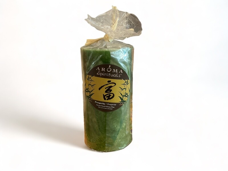 Image of the Prosperity Candle 3x6 from Aroma Spirituals, infused with Green Tea &amp; Citrus Pine fragrance for an invigorating and refreshing atmosphere. Made from food-grade ingredients and vegetable waxes, with a lead-free wick ensuring up to 100 hours of burn time.