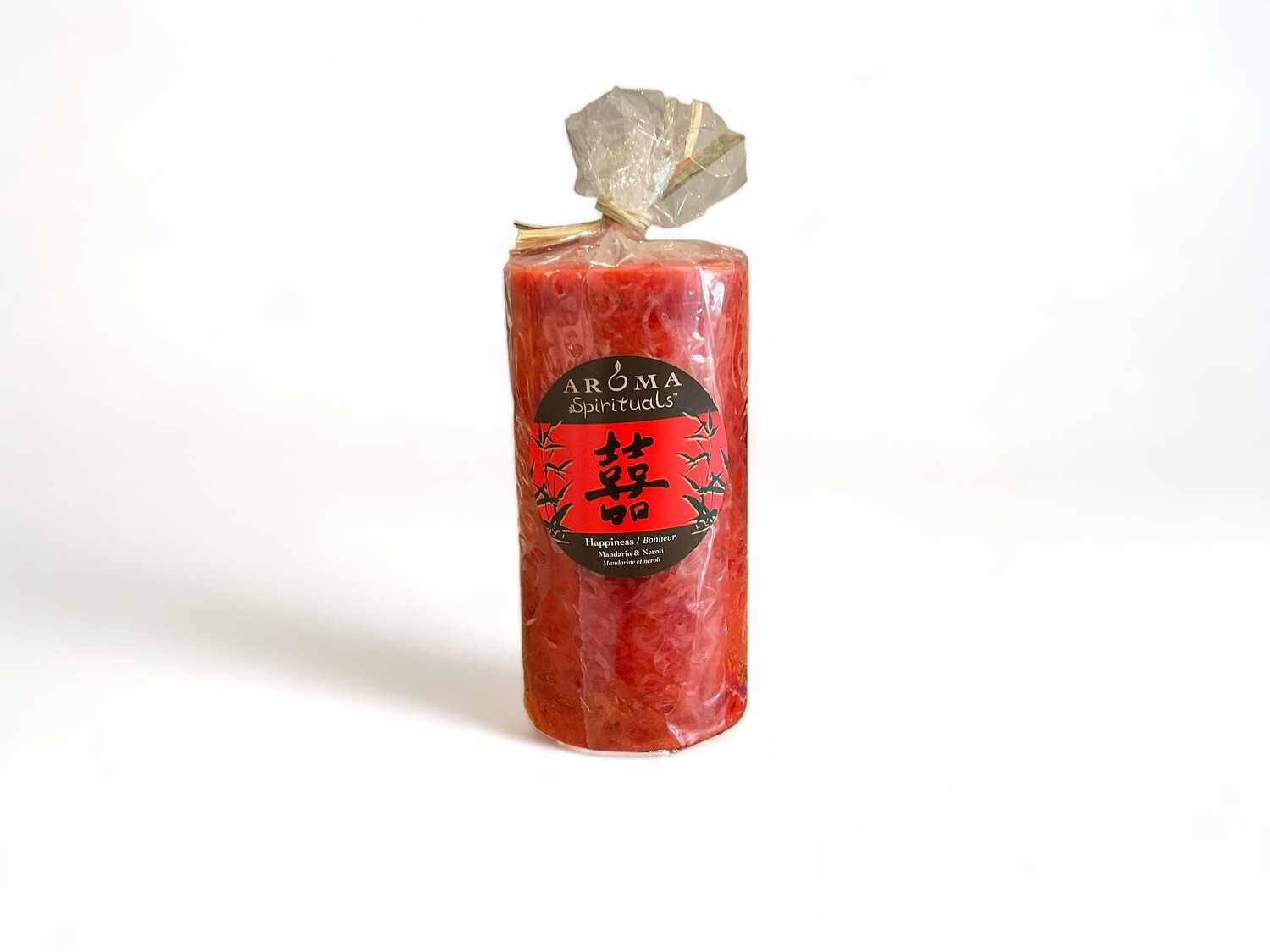 Image of the Happiness Candle from Aroma Spirituals 3x6, featuring Mandarin &amp; Neroli fragrance for a joyful atmosphere. Crafted from food-grade ingredients and vegetable waxes, with a lead-free wick providing up to 100 hours of burn time.
