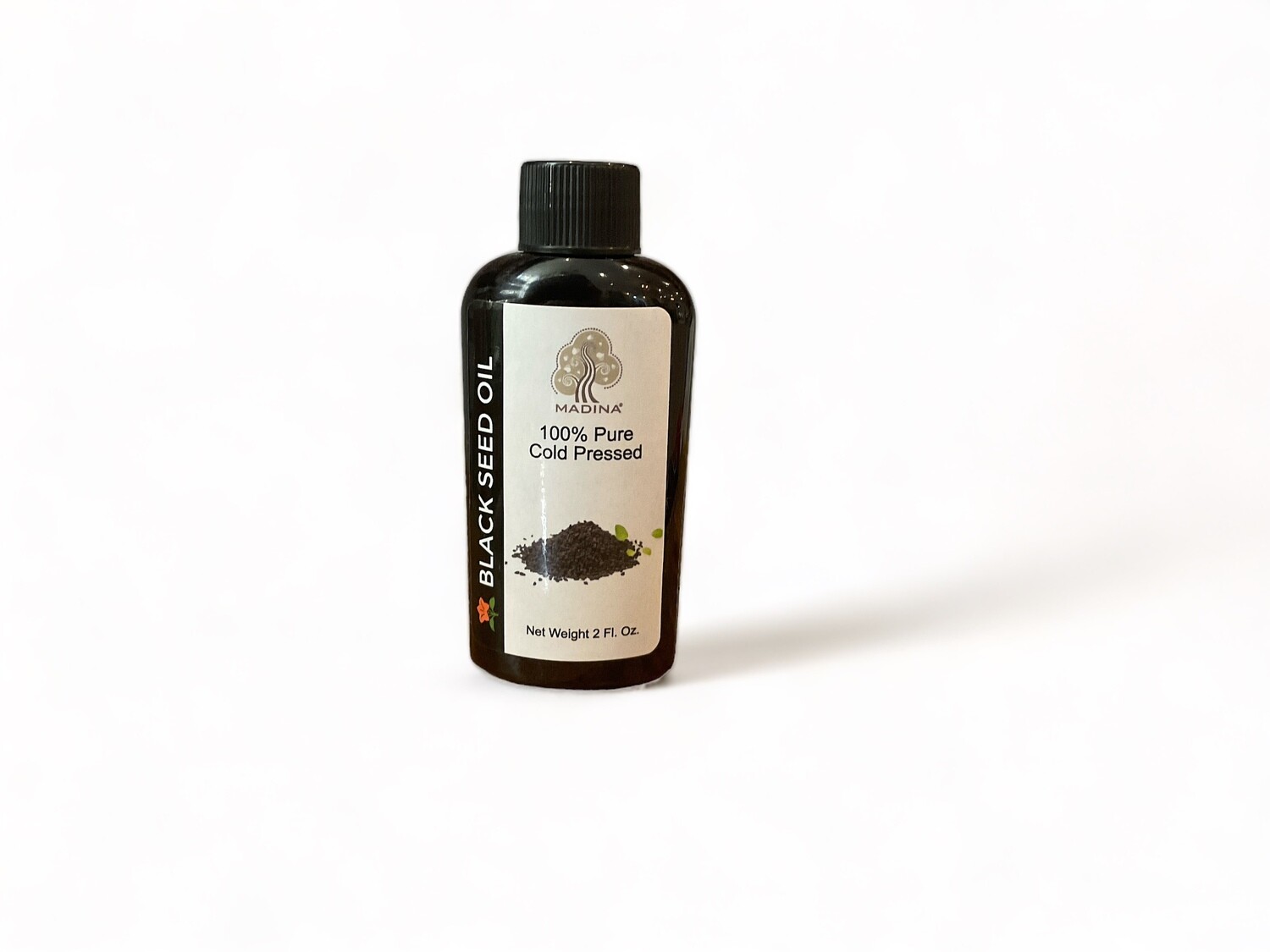 Image of a 2 fluid ounce bottle of pure cold pressed black seed oil. The bottle is dark showcasing the translucent oil inside. Used in protection, purification, and balancing energies.