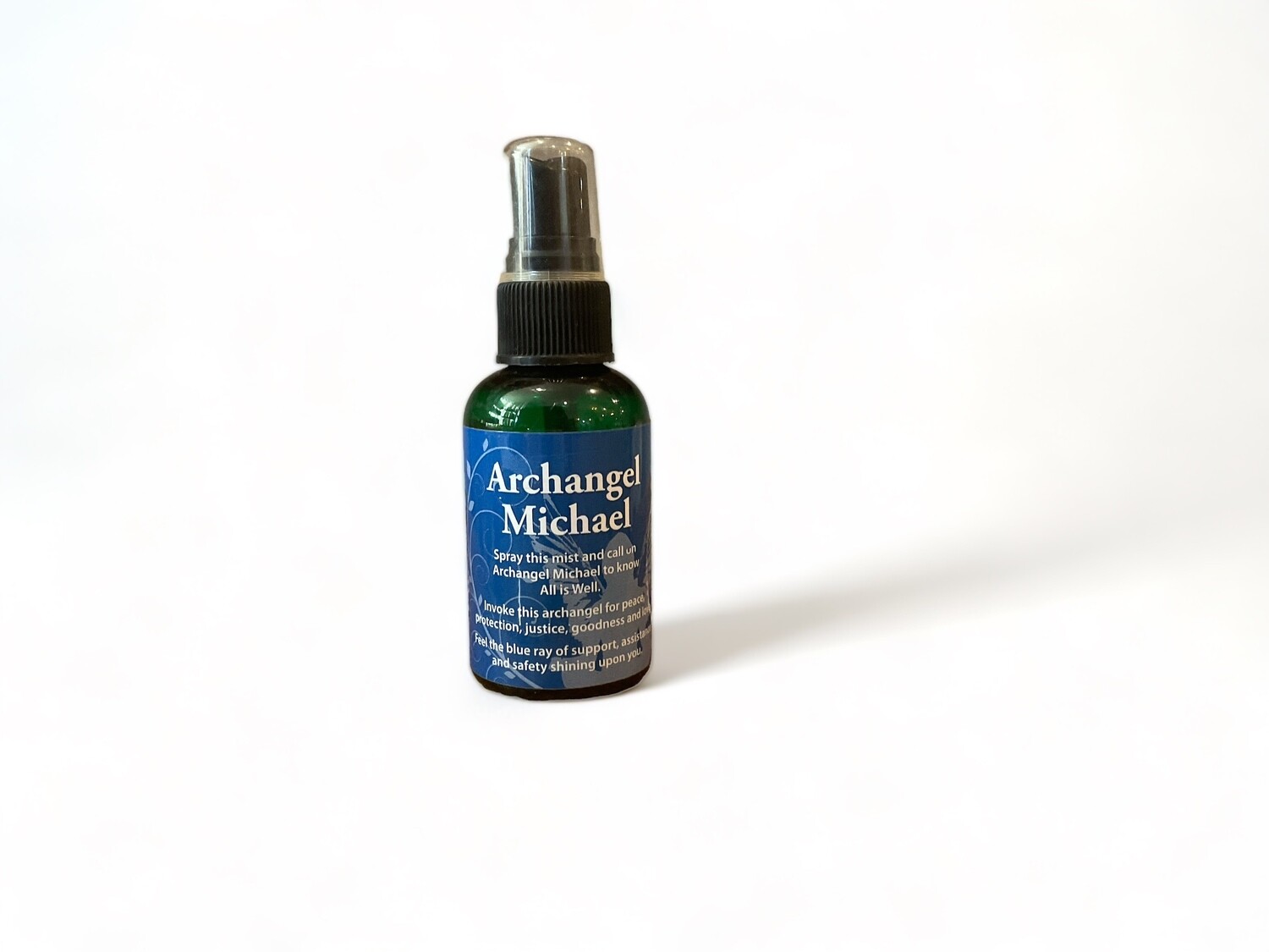 Photo of a two ounce bottle of Archangel Michael Spray. This metaphysical mist is designed to promote feelings of peace, protection, and support, enhancing a sense of safety and justice.