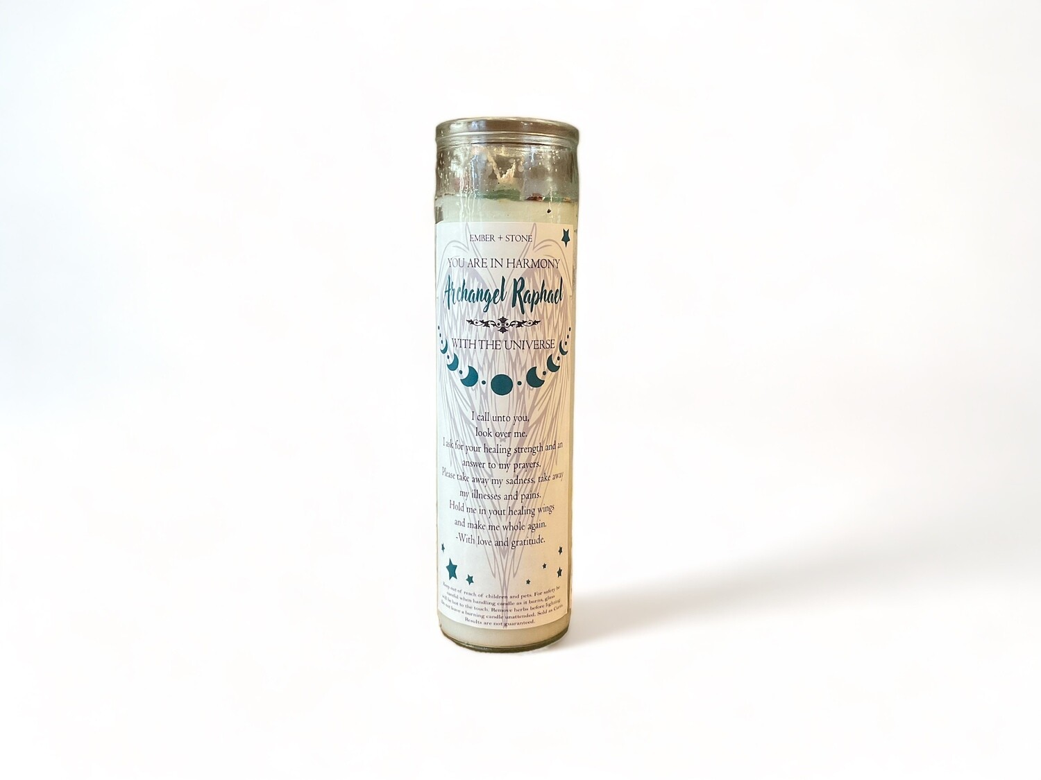 Image of Archangel Raphael Skinny Glass Jar Candle from Spiritual Gifts. Ideal for setting intentions and enhancing spiritual ambiance at The Crystal Shrine Burbank.