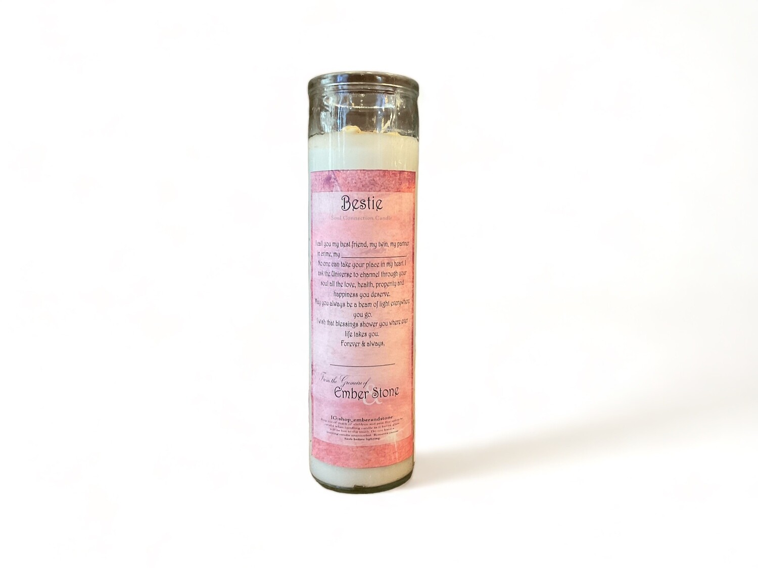 Besties Skinny  Glass Jar Candle from The Crystal Shrine, ideal for best friends, fostering strong bonds and positive intentions with its thoughtful design and soothing glow.