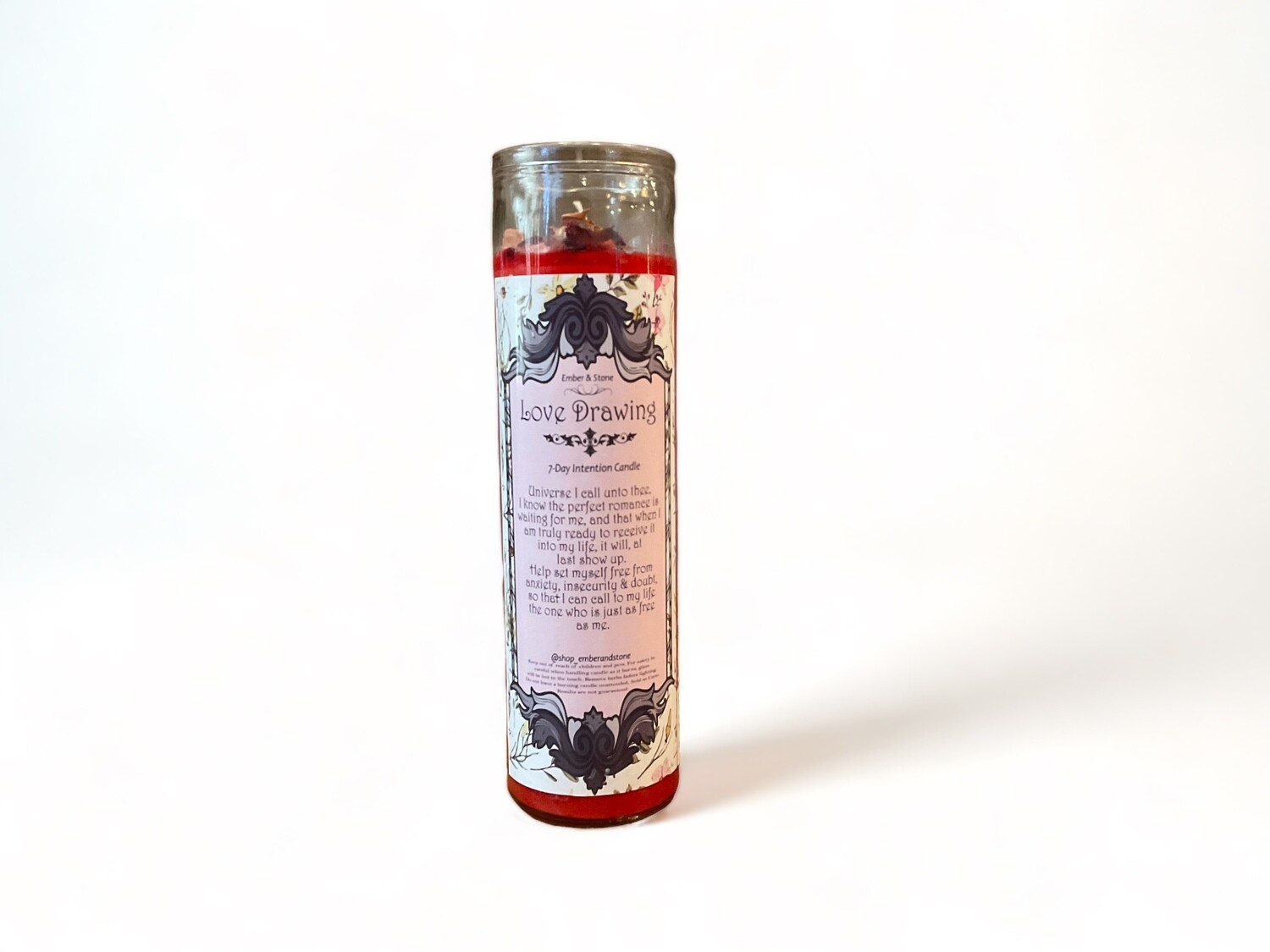 Image of Love Drawing Intention Candle in Skinny Glass Jar, displayed in Burbank, California. This candle is designed to help attract love and positivity, available at The Crystal Shrine.