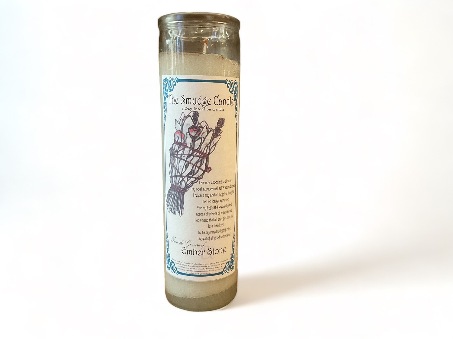 Image of The Smudge intention candle in a skinny sleek glass jar, designed to purify your space and enhance meditation. Ideal for creating a soothing and uplifting ambiance.