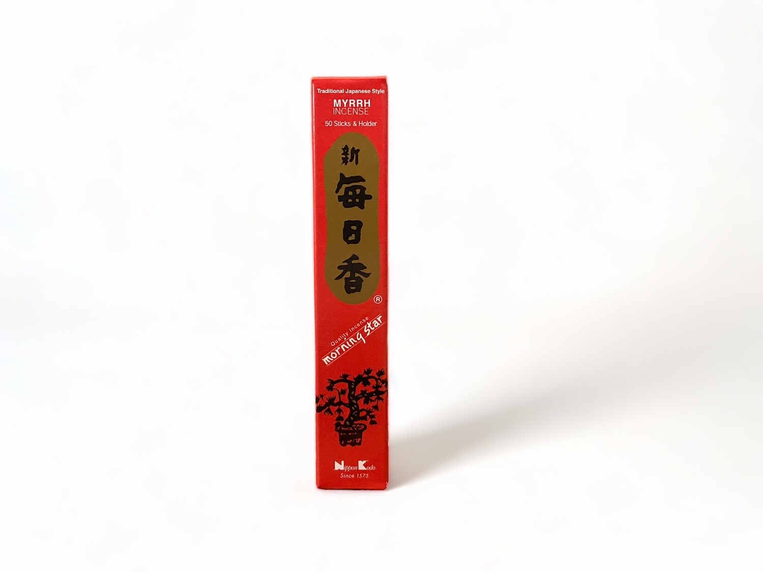 Pack of 50 Morning Star Myrrh incense sticks. This Japanese style incense is made from compressed herbs and resins, designed for a clean, minimal smoke burn. The pack includes a small burner and a holder. The incense sticks are slender and uniform, ideal for ritual use and creating a serene atmosphere.