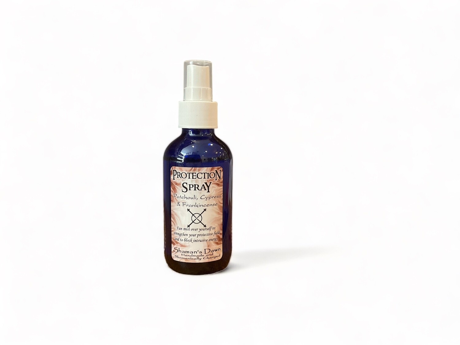 Image of a two ounce bottle of Protection Spray. The bottle has a label stating &#39;Protection Spray&#39; and lists essential oils of Patchouli, Cypress, and Frankincense. The label highlights its use for strengthening your protective field and blocking intrusive energy. The design emphasizes its role in energy shielding and protection.