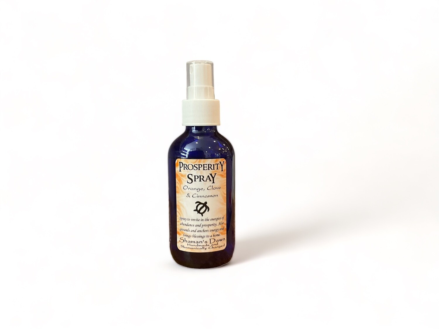 Image of a two ounce bottle of Prosperity Spray. The bottle has a label stating &#39;Prosperity Spray&#39;. The label describes its use for inviting abundance, grounding and anchoring energy, and bringing blessings to the home. It features essential oils of Orange, Clove, and Cinnamon. The design emphasizes its purpose in enhancing prosperity and energy balance.