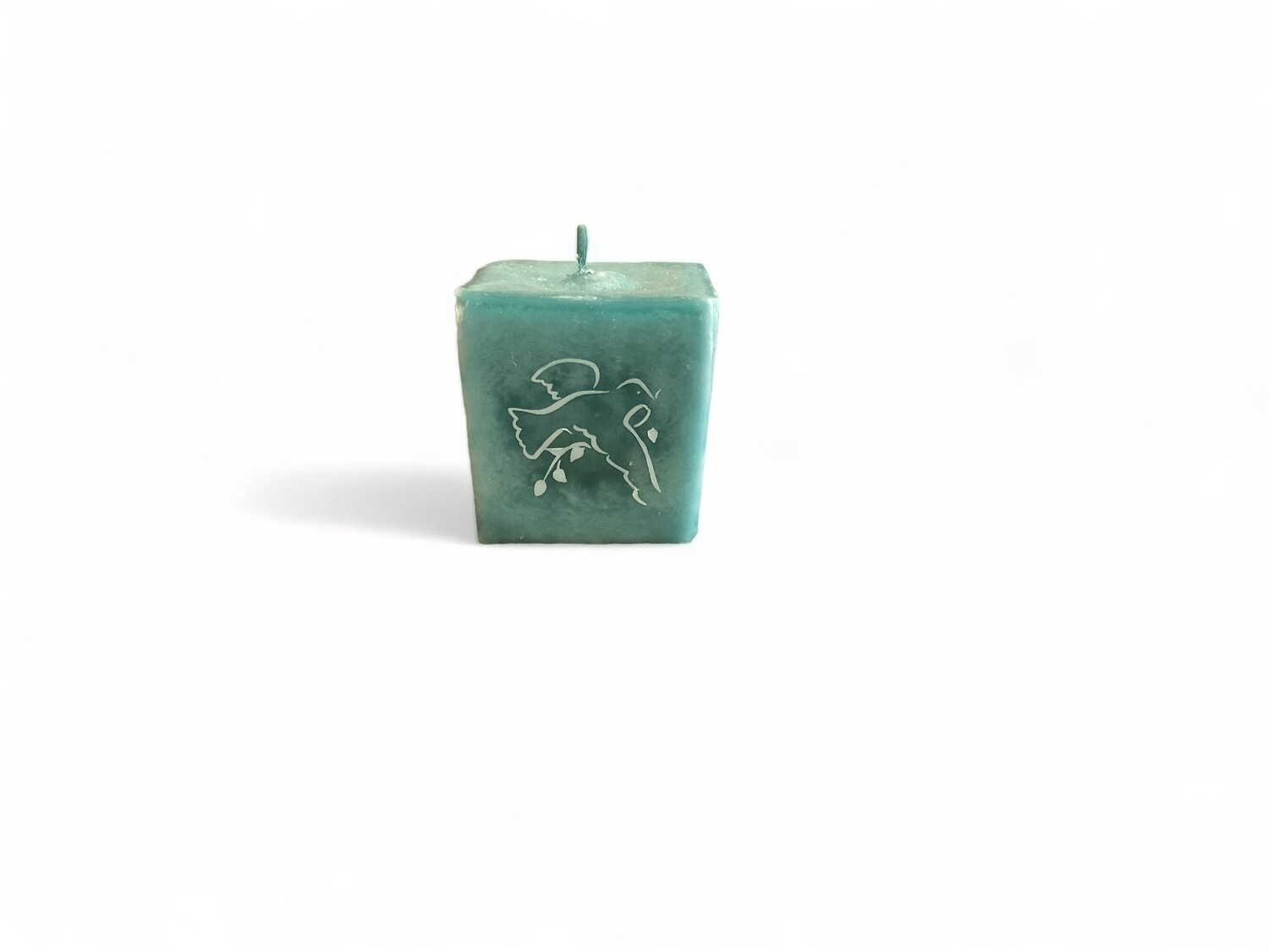 Image of the Peace Dove cube votive candle with Gardenia &amp; Verbena fragrance. Made from food-grade ingredients and vegetable waxes, featuring a lead-free wick and offering 20 hours of burn time.