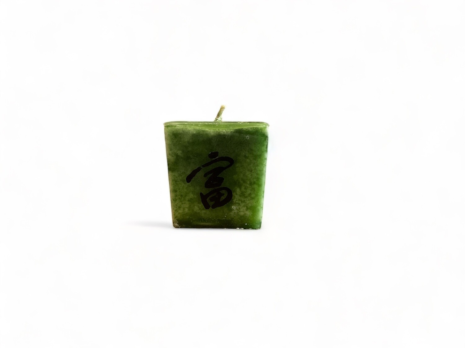 Image of the Prosperity Cube Votive Candle with Green Tea &amp; Citrus Pine fragrance. Crafted from food-grade ingredients and vegetable waxes, featuring a lead-free wick and offering 20 hours of burn time.
