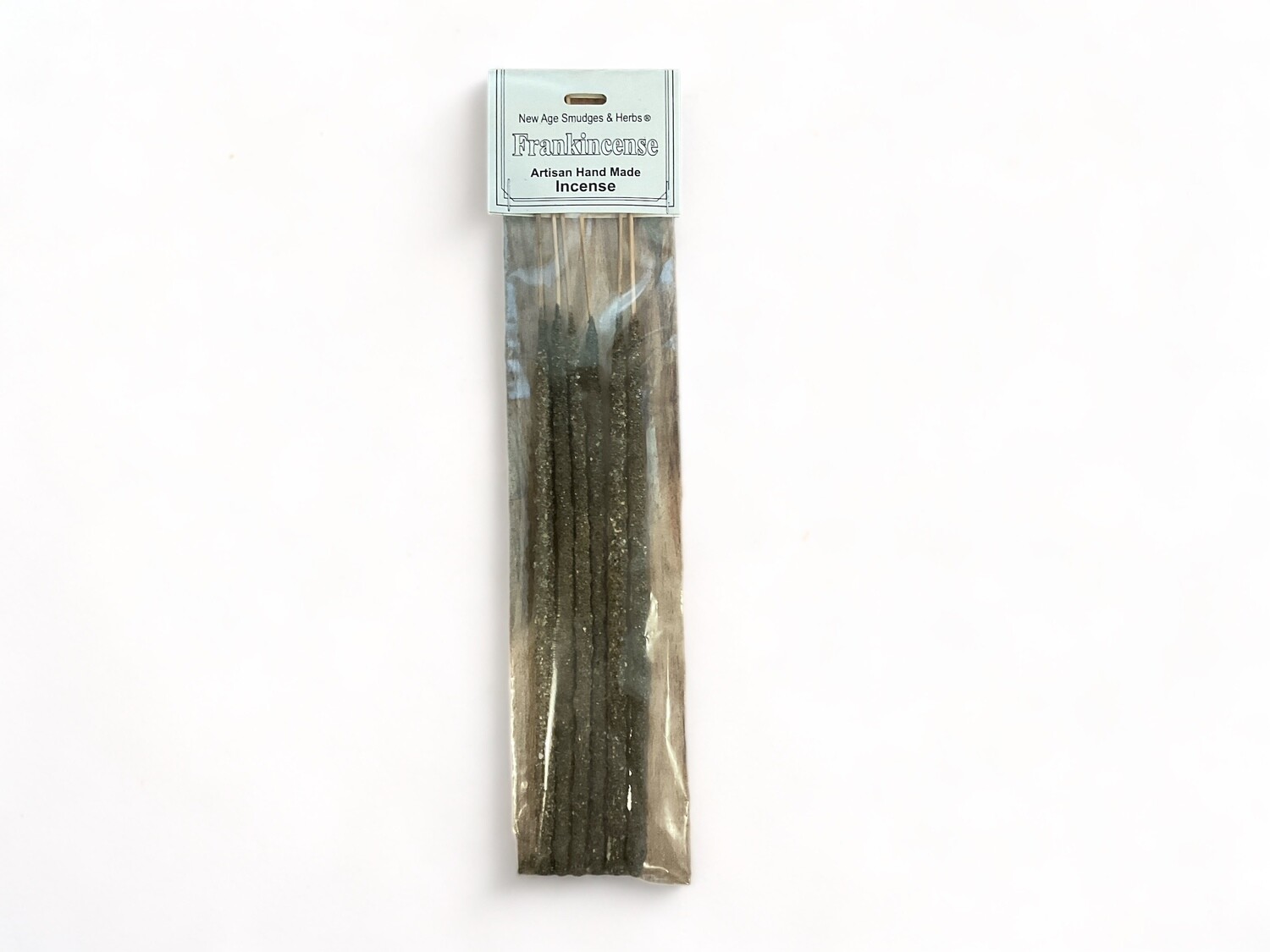 Photo of a pack of six handcrafted frankincense resin incense sticks. The sticks are artisan-made and designed for New Age practices. Each stick is slender and cylindrical, with a rich earthy color tone. The pack is neatly organized and labeled, ideal for smudging and enhancing spiritual practices. 