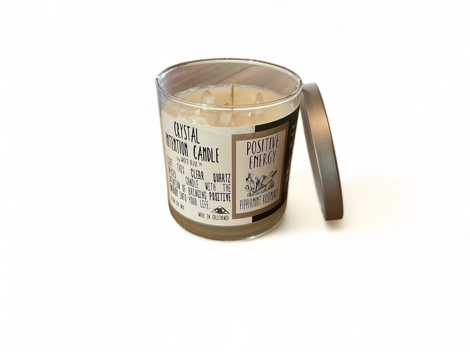 Image of Energy Intention Candle, 11 oz, featuring Clear Quartz and herbal scents of Peppermint &amp; Rosemary. Made with vegan soy wax and sealed with a metal lid for freshness.