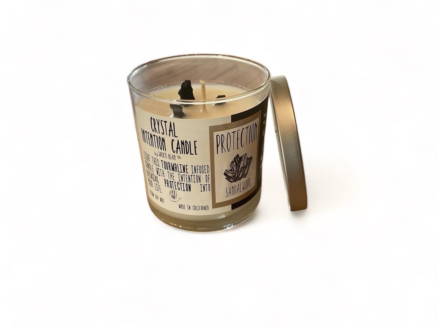 Image of Protection Candle Crystal featuring Black Tourmaline and Sandalwood aroma. Crafted from vegan soy wax, sealed for freshness in an 11 oz. container.