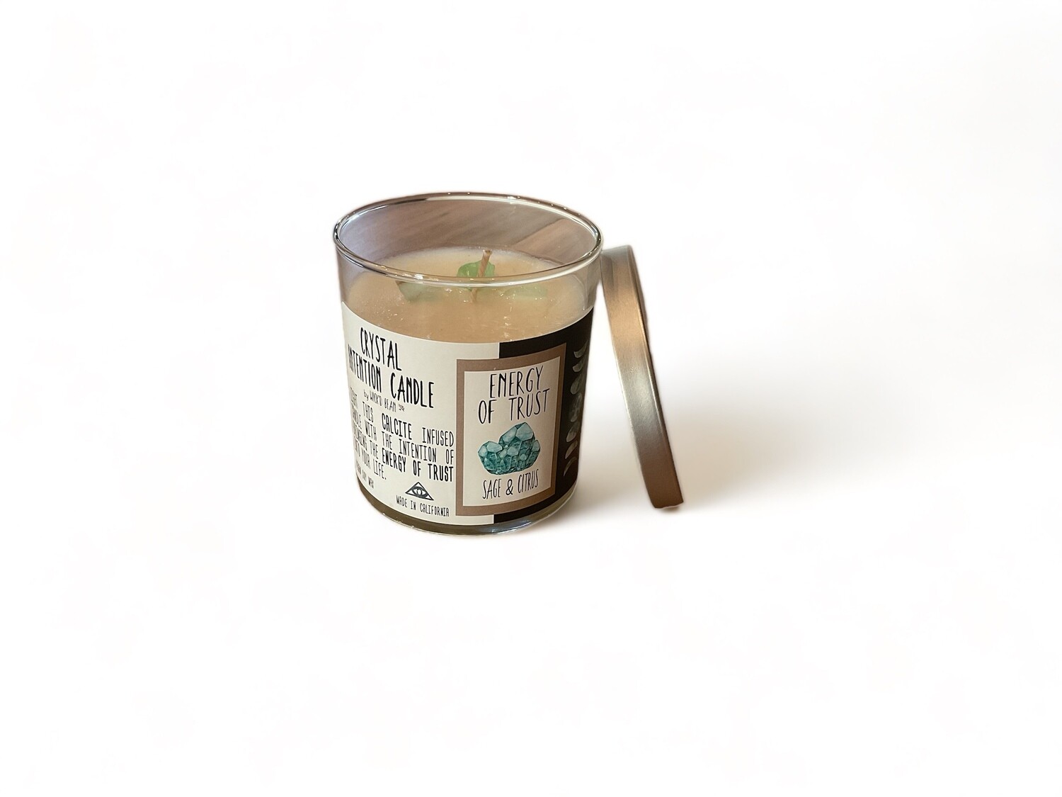 Image of 11 oz. Crystal Intention Candle featuring vegan soy wax, Green Calcite, and Sage &amp; Citrus scent, with a metal-sealed lid for freshness, promoting trust and relaxation.