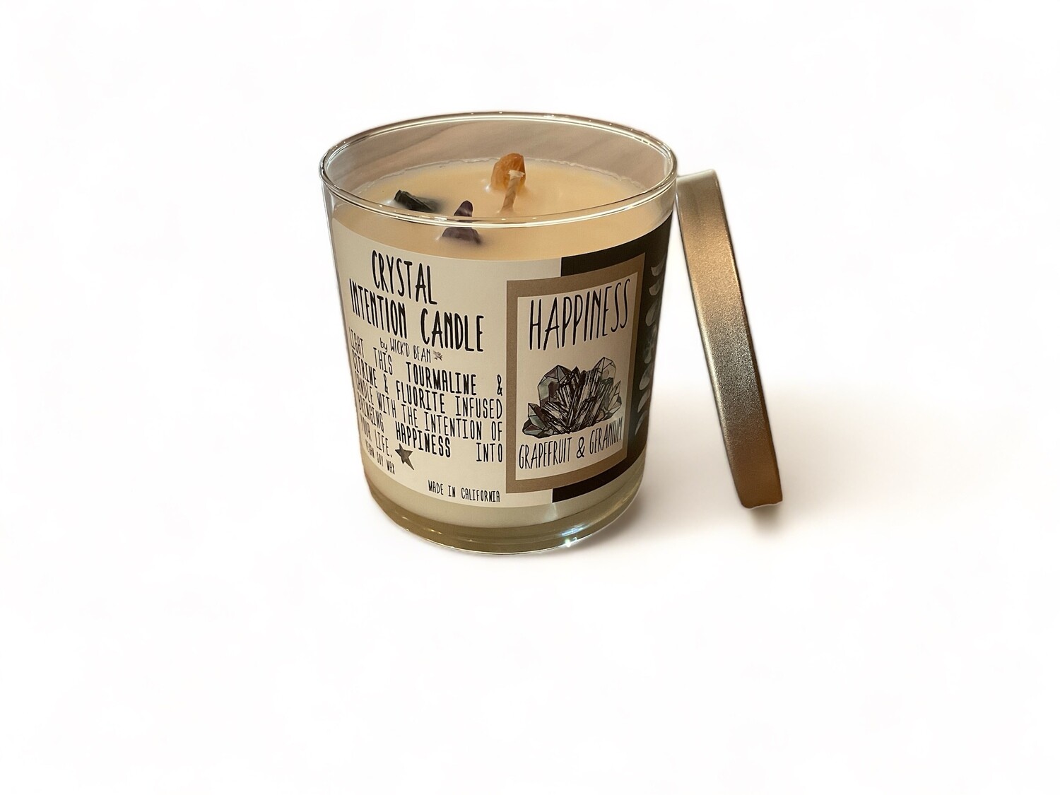Image of Happiness Intention Candle featuring Tourmaline, Citrine &amp; Fluorite. Crafted with vegan soy wax, Grapefruit &amp; Geranium scents, sealed for freshness in an 11 oz. container.