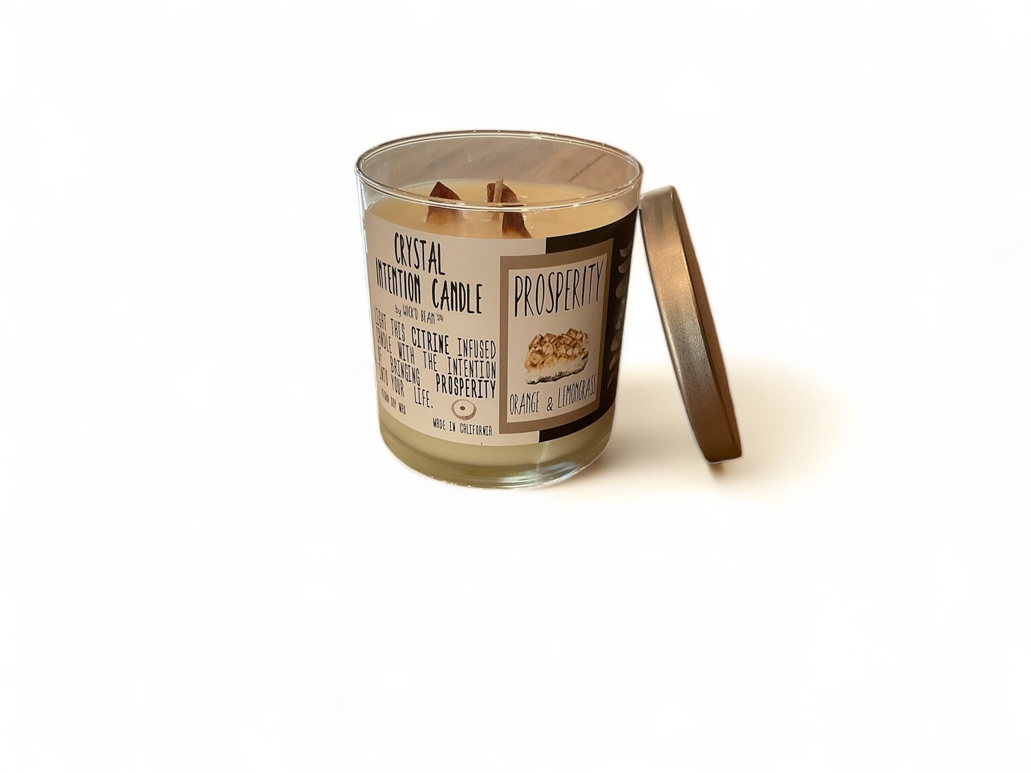Image of Prosperity Intention Candle featuring Citrine and Orange Lemongrass. Crafted with vegan soy wax, sealed for freshness in an 11 oz. container.