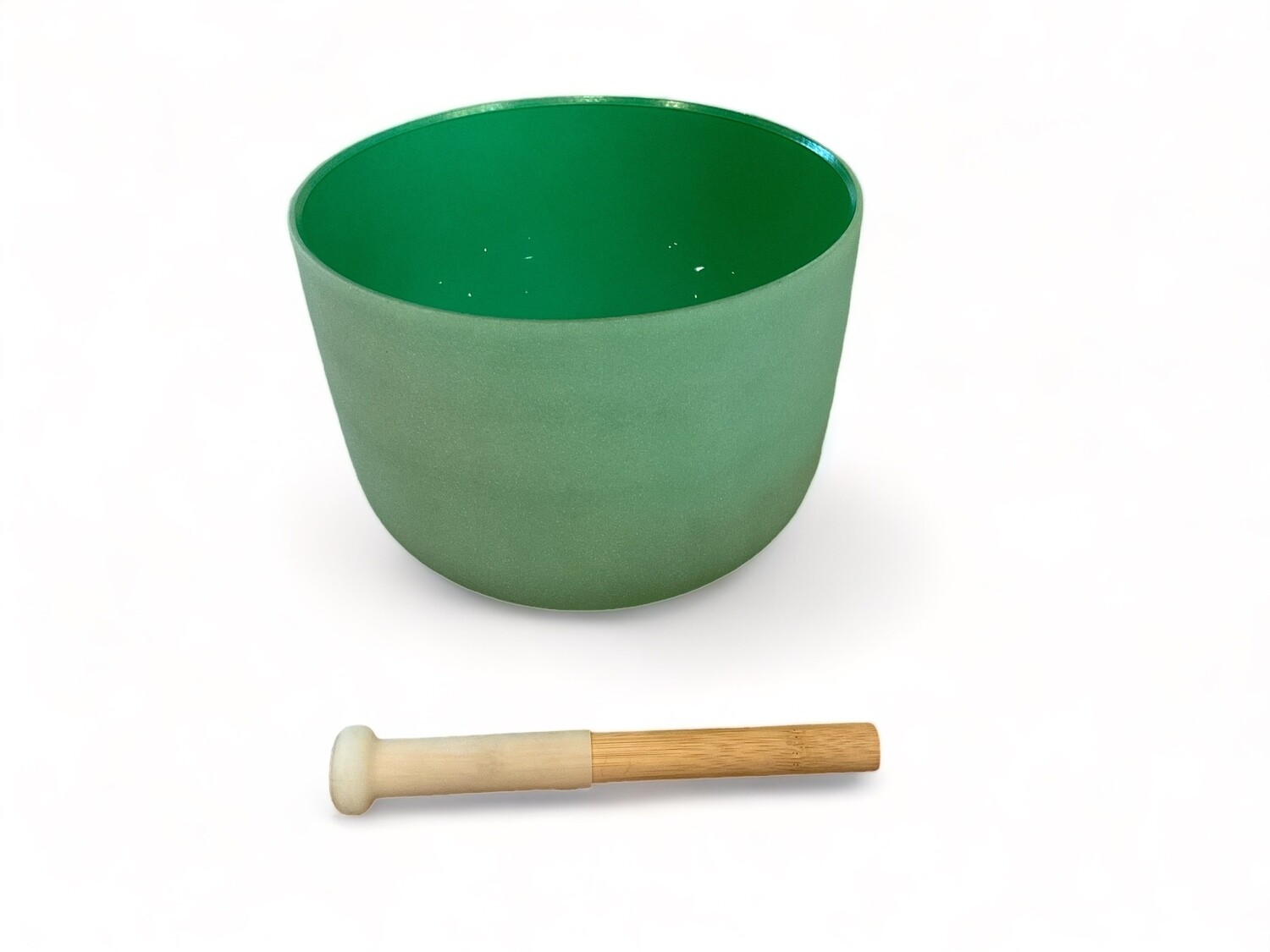 Photo of a ten inch Green Quartz Crystal Singing Bowl with mallet. This bowl, designed for the Heart Chakra, features a rich green color and resonates with the note &#39;F&#39;. The set includes a mallet for playing. The bowl’s smooth surface and vibrant hue complement its spiritual and sound healing use.