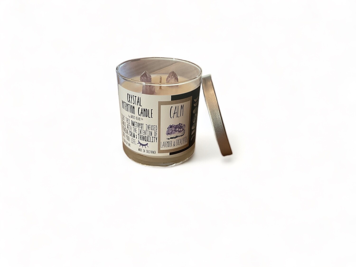 Image of the Crystal Intention Candle 11 oz., promoting calmness with Amethyst-infused vegan soy wax, scented with Lavender &amp; Eucalyptus. Housed in a reusable metal-lidded glass container.