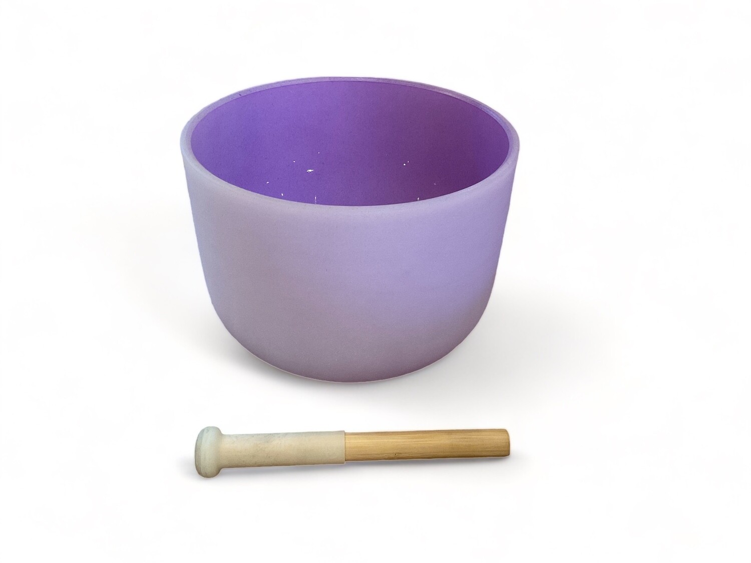 Ten inch purple quartz crystal singing bowl with accompanying mallet, designed for the Crown Chakra. The bowl features a smooth, polished surface and a rich purple color. It resonates with the note &#39;B&#39;, producing a deep, clear tone when struck or played. The set includes a mallet for generating sound, ideal for use in spiritual practices and enhancing awareness.
