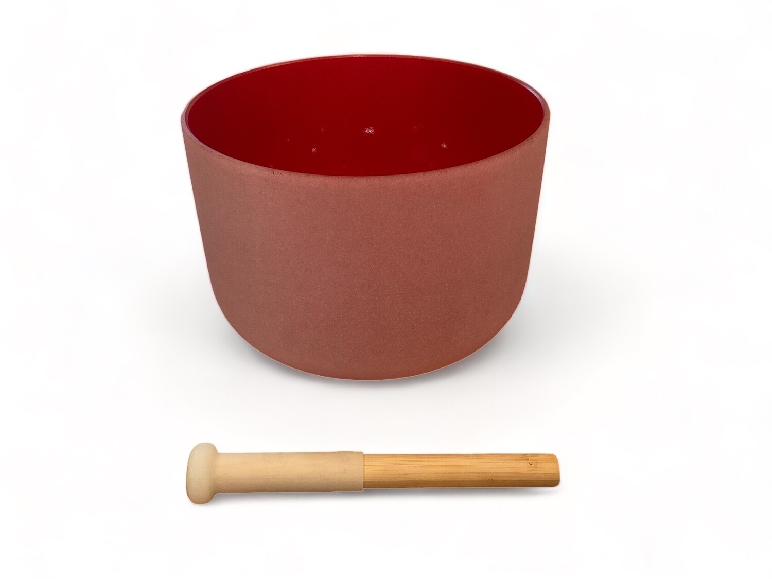 Image of a ten inch Red Quartz Crystal Singing Bowl with accompanying mallet. This bowl is designed for the Root Chakra and resonates with the note &#39;C&#39;. It features a rich red color and smooth surface. The set includes a mallet for producing sound. Ideal for grounding and enhancing spiritual practices, the bowl emits a deep, resonant tone when struck or played.