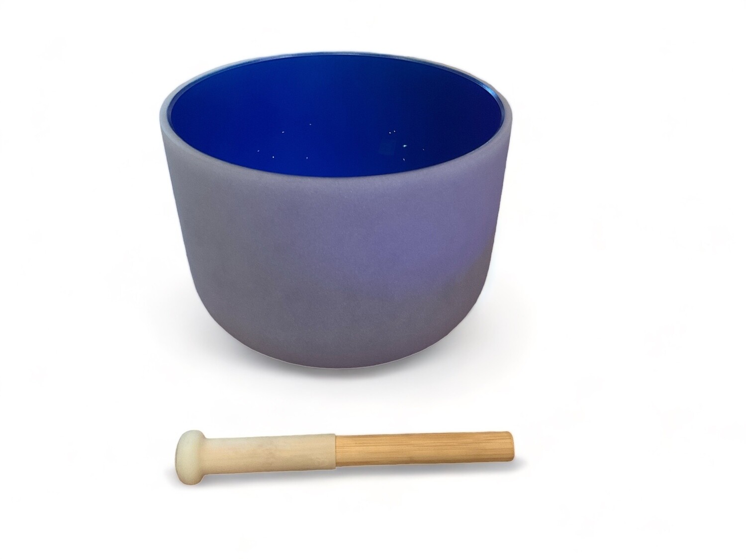 Ten inch indigo quartz crystal singing bowl with matching mallet, designed for the Third Eye Chakra. The bowl features a smooth, polished surface and a deep indigo color. It resonates with the note &#39;A&#39;, producing a clear, harmonious tone when struck or played. The set includes a mallet for generating sound, ideal for use in practices aimed at enhancing intuition and insight.