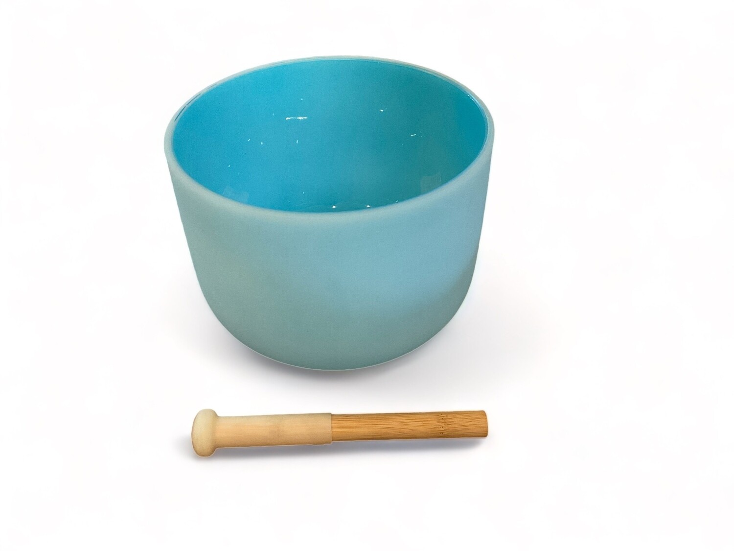Photo of a ten inch sky blue quartz crystal singing bowl designed for the Throat Chakra. The bowl has a smooth, polished surface and a vibrant sky blue color. It resonates with the note &#39;G&#39; and comes with a matching mallet. The bowl produces a clear, resonant tone when struck or played with the mallet, intended for use in sound healing therapy to enhance communication and self-expression.