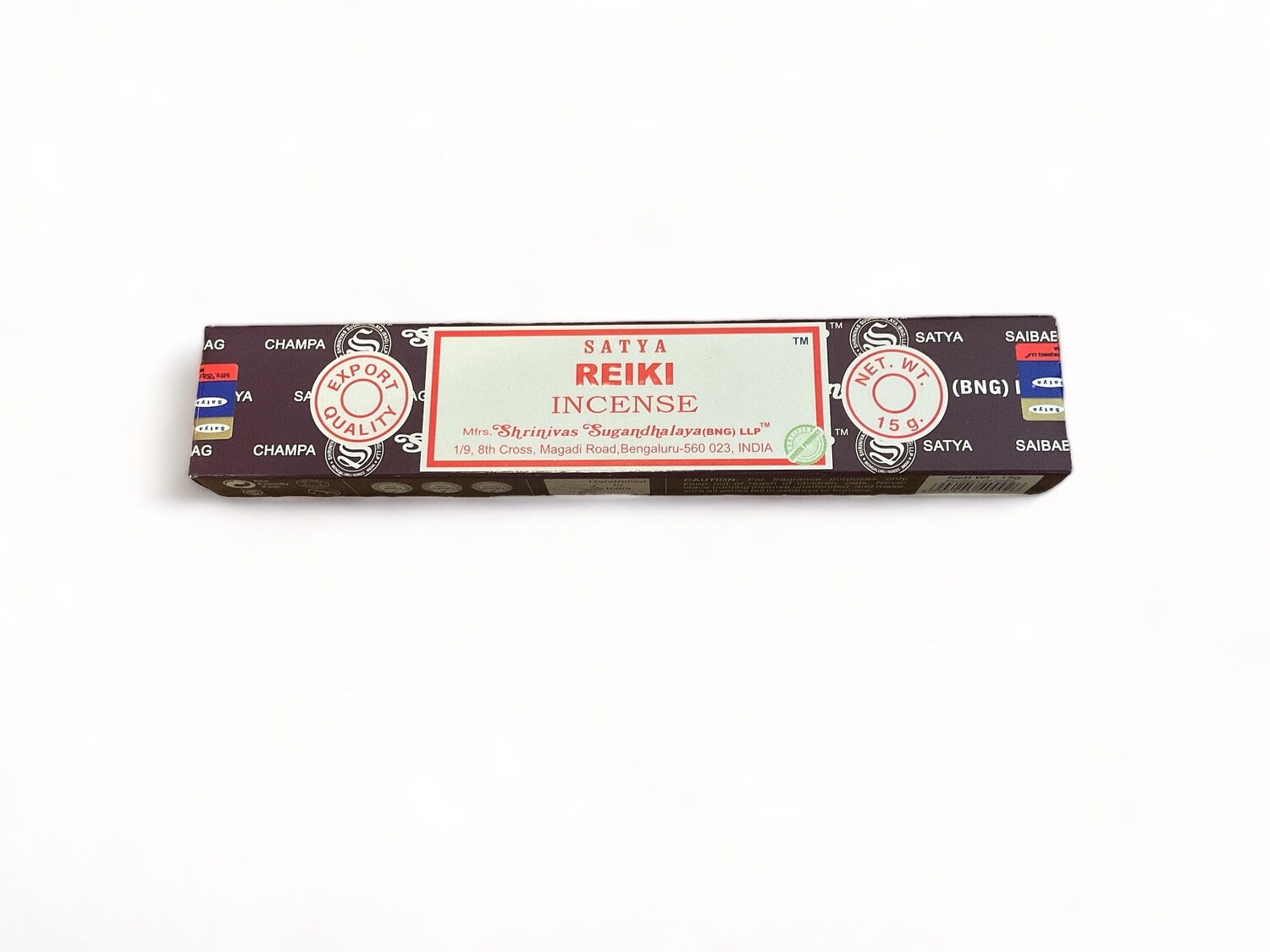 Image of a box containing 15 premium Satya Reiki incense sticks. The packaging highlights the incense&#39;s high quality and craftsmanship in India, using pure extracts. Each stick is hand-rolled, designed to emit a sweet, long-lasting earthy aroma. 